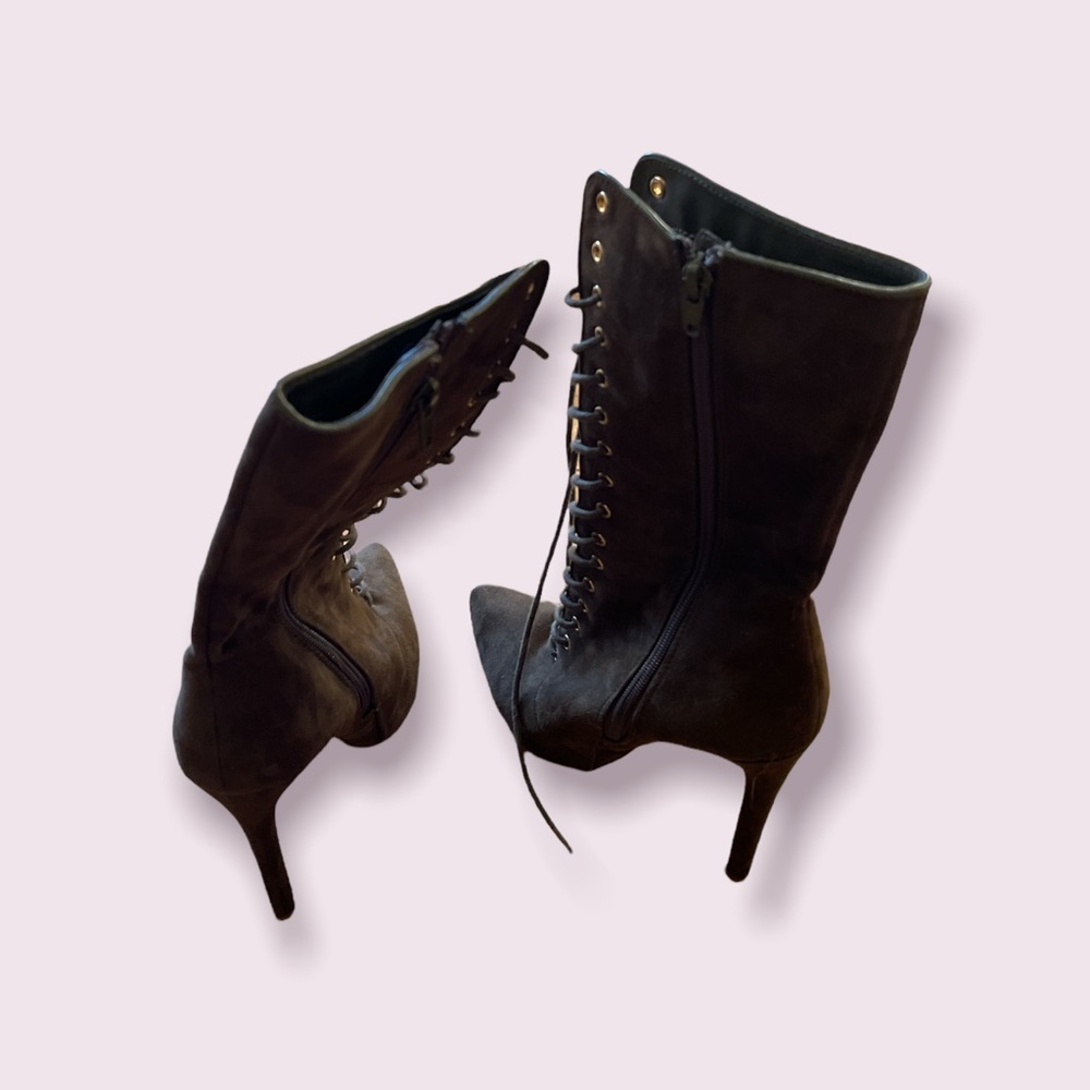 Army Green Suede Heeled Boot - Picture 5 of 7